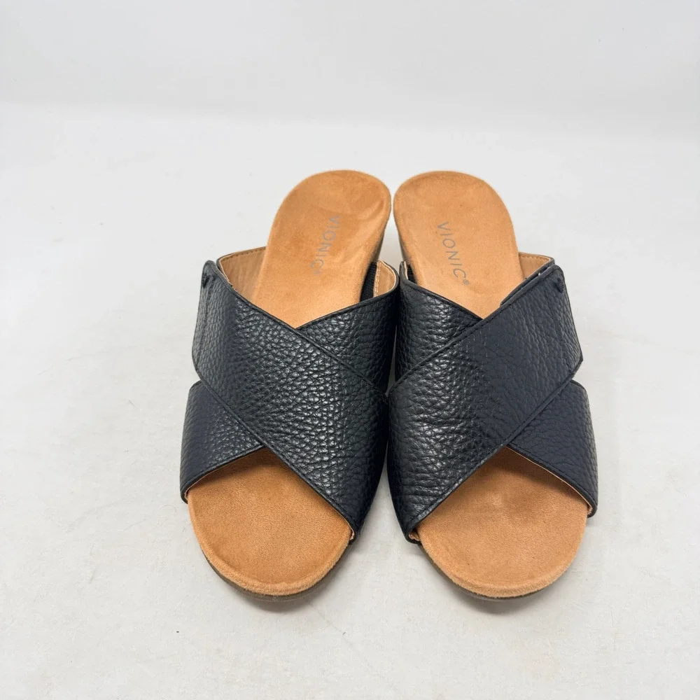 Vionic Black Leather Wedge Sandals Cork 8 Orthopedic Comfort Slides Supportive
